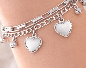 Silver Heart Charm Layered Bracelet | Stainless Steel Adjustable Chain