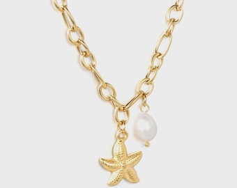 Island Necklace with Pearl and Starfish Charm | Gold Chain Jewelry | Gift for Her