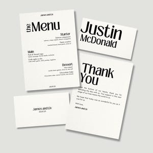 Bearbeitbares Hochzeitsmenü mit Dankeskarte und Tischkarte, moderne minimalistische Hochzeit, Gedeckkarte, bündeln, personalisieren, individuell