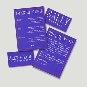 May include: Four purple cards with white text. The top card says "Sally Pearson". The second card says "Dinner Menu" and lists a starter, main course, and dessert. The third card says "Thank You" and includes a message of gratitude. The bottom card says "Alex & Zoe 27th August 2025".