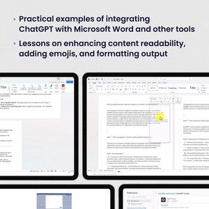 Op de afbeelding: Screenshots van een computerscherm waarop een Microsoft Word-document te zien is met de tekst "Boosting Productivity: Advanced Insights by ChatGPT" en een beschrijving van de functies van de ChatGPT-extensie voor Microsoft Word. De tekst in de afbeelding luidt: "Het landschap van redactionele feedback en kennisbijdragen evolueert snel, waarbij ChatGPT opduikt als een transformerende kracht. ChatGPT onderscheidt zich van concurrerende oplossingen zoals Bard of Google AI door een cruciaal element te bieden dat professionele schrijvers en redacteuren verlangen: naadloze integratie met bestaande workflows. Het unieke vermogen van ChatGPT om naadloos te integreren met Microsoft Word en andere tools stelt gebruikers in staat om functies, geavanceerde tools te verkennen en hun toepassing te demonstreren bij het uitvoeren van verschillende taken, waardoor de productiviteit wordt verbeterd en workflows worden gestroomlijnd."