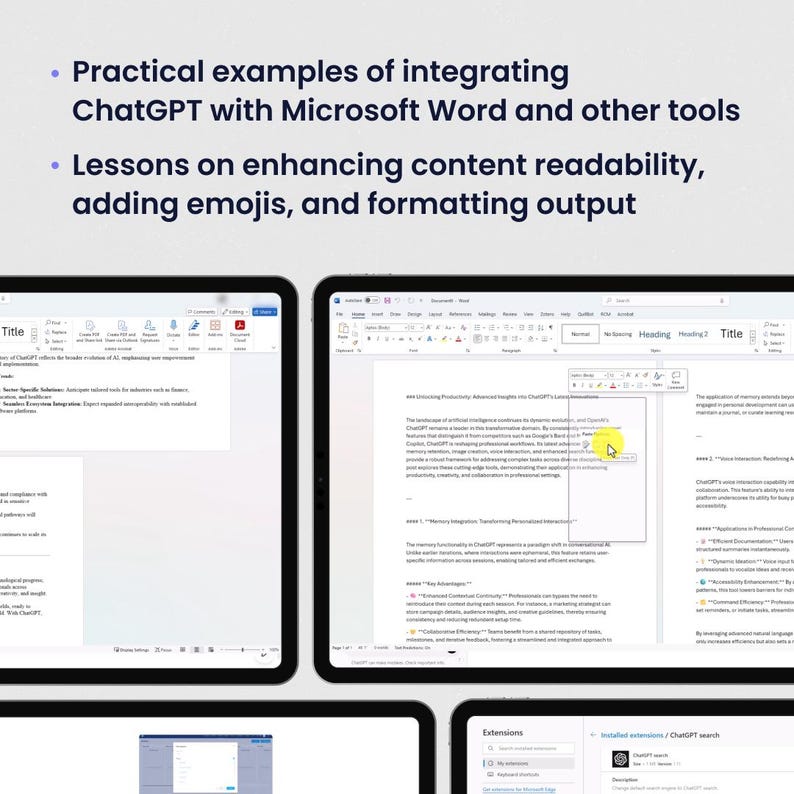 Op de afbeelding: Screenshots van een computerscherm waarop een Microsoft Word-document te zien is met de tekst "Boosting Productivity: Advanced Insights by ChatGPT" en een beschrijving van de functies van de ChatGPT-extensie voor Microsoft Word. De tekst in de afbeelding luidt: "Het landschap van redactionele feedback en kennisbijdragen evolueert snel, waarbij ChatGPT opduikt als een transformerende kracht. ChatGPT onderscheidt zich van concurrerende oplossingen zoals Bard of Google AI door een cruciaal element te bieden dat professionele schrijvers en redacteuren verlangen: naadloze integratie met bestaande workflows. Het unieke vermogen van ChatGPT om naadloos te integreren met Microsoft Word en andere tools stelt gebruikers in staat om functies, geavanceerde tools te verkennen en hun toepassing te demonstreren bij het uitvoeren van verschillende taken, waardoor de productiviteit wordt verbeterd en workflows worden gestroomlijnd."