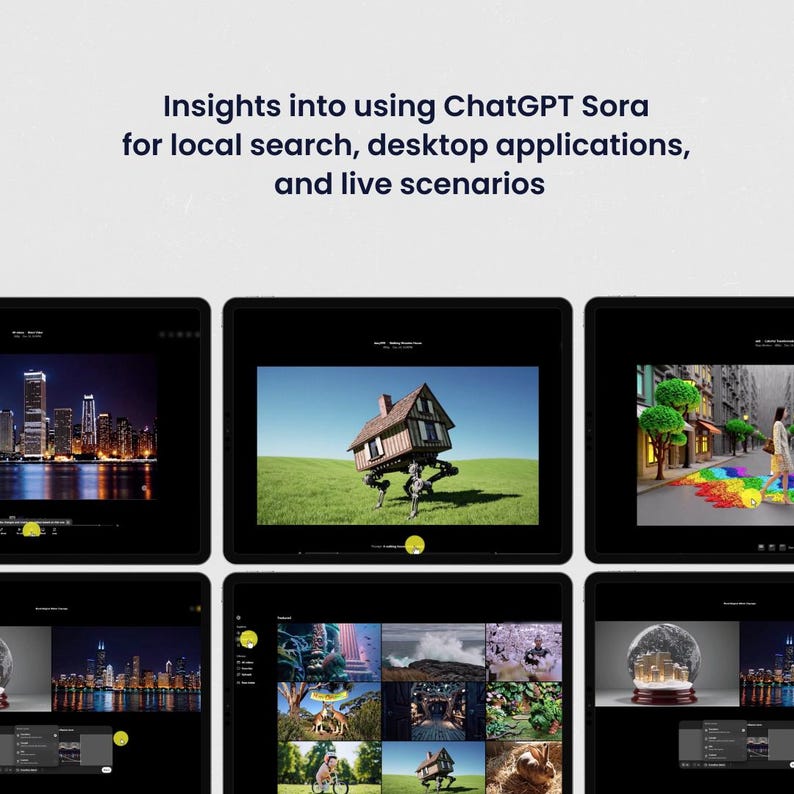 Op de afbeelding: Een screenshot van een computerscherm dat een gebruikersinterface voor een webapplicatie toont. De applicatie heet "ChatGPT Sora" en wordt gebruikt voor lokale zoekopdrachten, desktop-applicaties en live-scenario's. Het scherm toont verschillende afbeeldingen, waaronder een stadsbeeld, een huis met poten en een sneeuwbol.