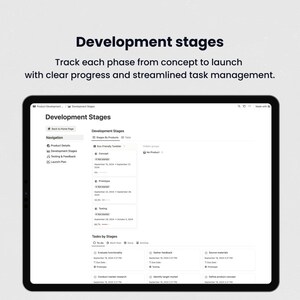 Puede incluir: Una captura de pantalla de una aplicaci&oacute;n web que muestra un flujo de trabajo de desarrollo de producto. La aplicaci&oacute;n se utiliza para rastrear las etapas de desarrollo de un producto, desde el concepto hasta el lanzamiento. Las etapas se muestran en una lista, y cada etapa tiene una barra de progreso que indica qu&eacute; tan avanzada est&aacute; la etapa. La aplicaci&oacute;n tambi&eacute;n incluye un sistema de gesti&oacute;n de tareas, que permite a los usuarios rastrear las tareas que deben completarse para cada etapa.