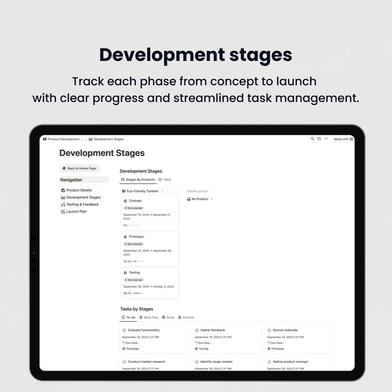 Puede incluir: Una captura de pantalla de una aplicaci&oacute;n web que muestra un flujo de trabajo de desarrollo de producto. La aplicaci&oacute;n se utiliza para rastrear las etapas de desarrollo de un producto, desde el concepto hasta el lanzamiento. Las etapas se muestran en una lista, y cada etapa tiene una barra de progreso que indica qu&eacute; tan avanzada est&aacute; la etapa. La aplicaci&oacute;n tambi&eacute;n incluye un sistema de gesti&oacute;n de tareas, que permite a los usuarios rastrear las tareas que deben completarse para cada etapa.