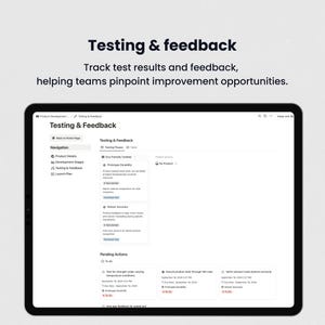 Puede incluir: Una captura de pantalla de una p&aacute;gina web que muestra un panel de desarrollo de producto con el t&iacute;tulo "Pruebas y comentarios". El panel incluye secciones para navegaci&oacute;n, fases de prueba y acciones pendientes. Las acciones pendientes incluyen "Probar la resistencia bajo condiciones de temperatura variables", "Asegurar que el producto dure 100 usos" y "Verificar que la postura de la pista del sensor sea correcta".