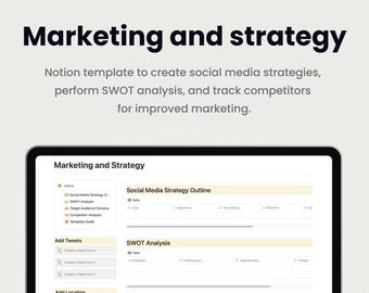 Marketing y estrategia. Plantilla de Notion para estrategias de redes sociales, análisis FODA y seguimiento de la competencia.