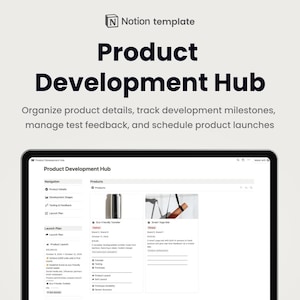 Puede incluir: Captura de pantalla de una plantilla de Notion para un centro de desarrollo de productos. La plantilla incluye secciones para navegaci&oacute;n, productos y un plan de lanzamiento. La secci&oacute;n de productos muestra dos tarjetas de productos, una para un vaso ecol&oacute;gico y otra para una esterilla de yoga inteligente.