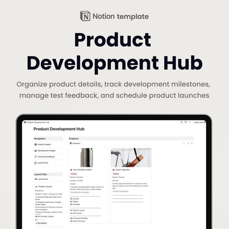 Puede incluir: Captura de pantalla de una plantilla de Notion para un centro de desarrollo de productos. La plantilla incluye secciones para navegaci&oacute;n, productos y un plan de lanzamiento. La secci&oacute;n de productos muestra dos tarjetas de productos, una para un vaso ecol&oacute;gico y otra para una esterilla de yoga inteligente.