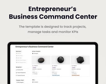 Centro de mando empresarial para emprendedores. La plantilla de Notion está diseñada para realizar un seguimiento de proyectos, gestionar tareas y supervisar los indicadores clave de rendimiento.
