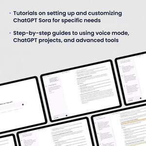 Op de afbeelding: Meerdere computerschermen tonen een website met de tekst "ChatGPT Sora" en een reeks tutorials over het instellen en aanpassen van het platform voor specifieke behoeften. De tutorials omvatten stapsgewijze handleidingen voor het gebruik van de spraakmodus, ChatGPT-projecten en geavanceerde tools.