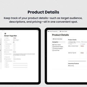 Puede incluir: Una captura de pantalla de una interfaz de software de desarrollo de productos que muestra una p&aacute;gina de detalles de producto para una esterilla de yoga inteligente. La p&aacute;gina incluye el nombre del producto, la categor&iacute;a, el precio y una descripci&oacute;n. El software tambi&eacute;n incluye una barra de navegaci&oacute;n con opciones para los detalles del producto, las etapas de desarrollo, las pruebas y los comentarios, y el plan de lanzamiento.