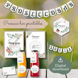 May include: Printable decorations for a prosecco bar with a green and white watercolor design. The set includes a banner that says "Prosecco Bar", two signs that say "Pimp your Prosecco", a sign that says "Pimp your Prosecco" with instructions, a small sign that says "Sofia", and two bottles with labels that say "Prosecco".