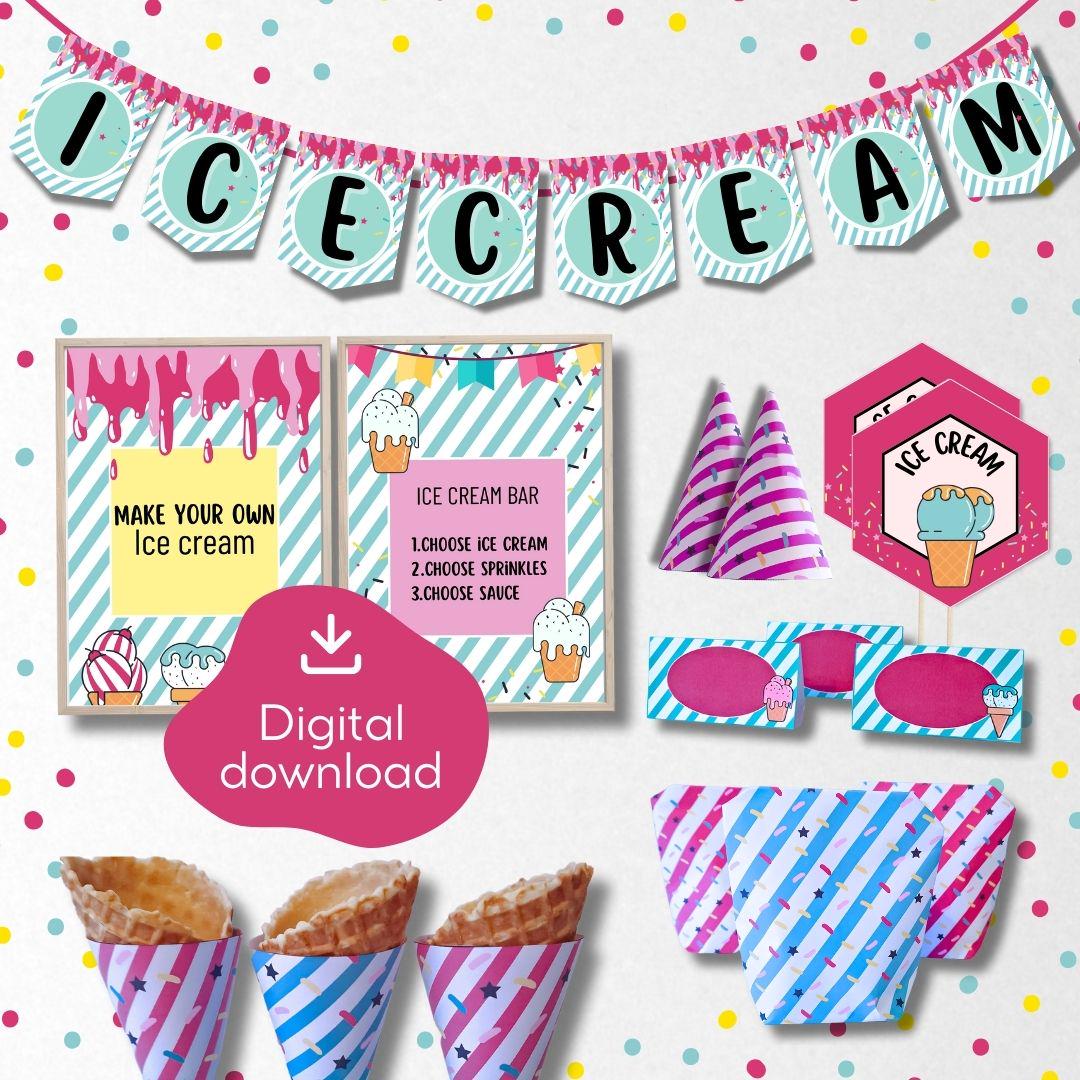 Ice Cream Birthday Bundle, ice cream bar sign, make your own ice cream sign, ice cream banner, party hat, Ice cream cone template