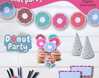Donut Party Printables - Donut Party Decor - Donut banner - Donuts Decorations, Donut Garland, Printable Centerpieces, Juice box wrapper