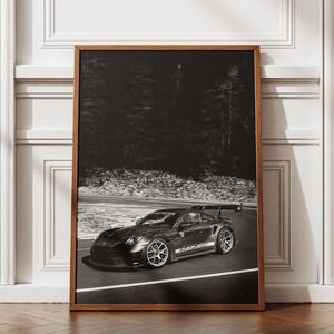 Porsche GT3RS muurkunst zwart-wit auto esthetische poster print minimalistische mannen woondecoratie