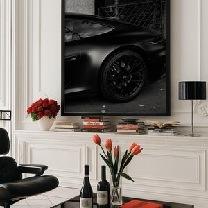 Old money fashion style black-and-white Porsche artwork with Prada-inspired text, creating a moody luxury aesthetic. This elegant print is ideal for old money prints, old money aesthetic décor, and upscale fashion poster displays. Perfect for lovers of luxury prints, luxury car poster décor, and designer interiors seeking prada fashion inspired poster styling and dark elegance minimalist fashion home decor accents.