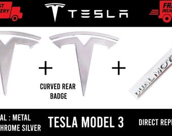 TESLA MODEL Y - Chrome Silver Front & Rear Badge Set (Direct Replacement) High Quality Metal (Includes Dual Motor Badge)