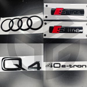 Puede incluir: Emblemas Audi S line negros y rojos y emblemas Audi Q4 40e-tron negros sobre fondos blancos.