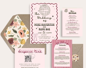 Disco-Themed Wedding Invitation Suite | Retro Funky Digital Wedding Bundle