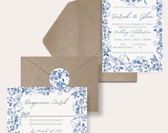 Elegant Blue Floral Wedding Invitation Suite | Editable Canva Template