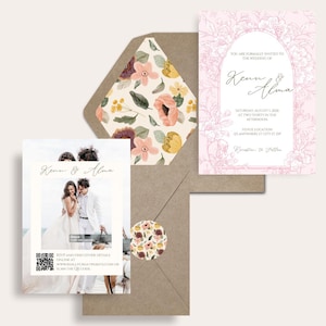 Elegante invitación botánica rosa / Código QR RSVP / Conjunto de boda imprimible