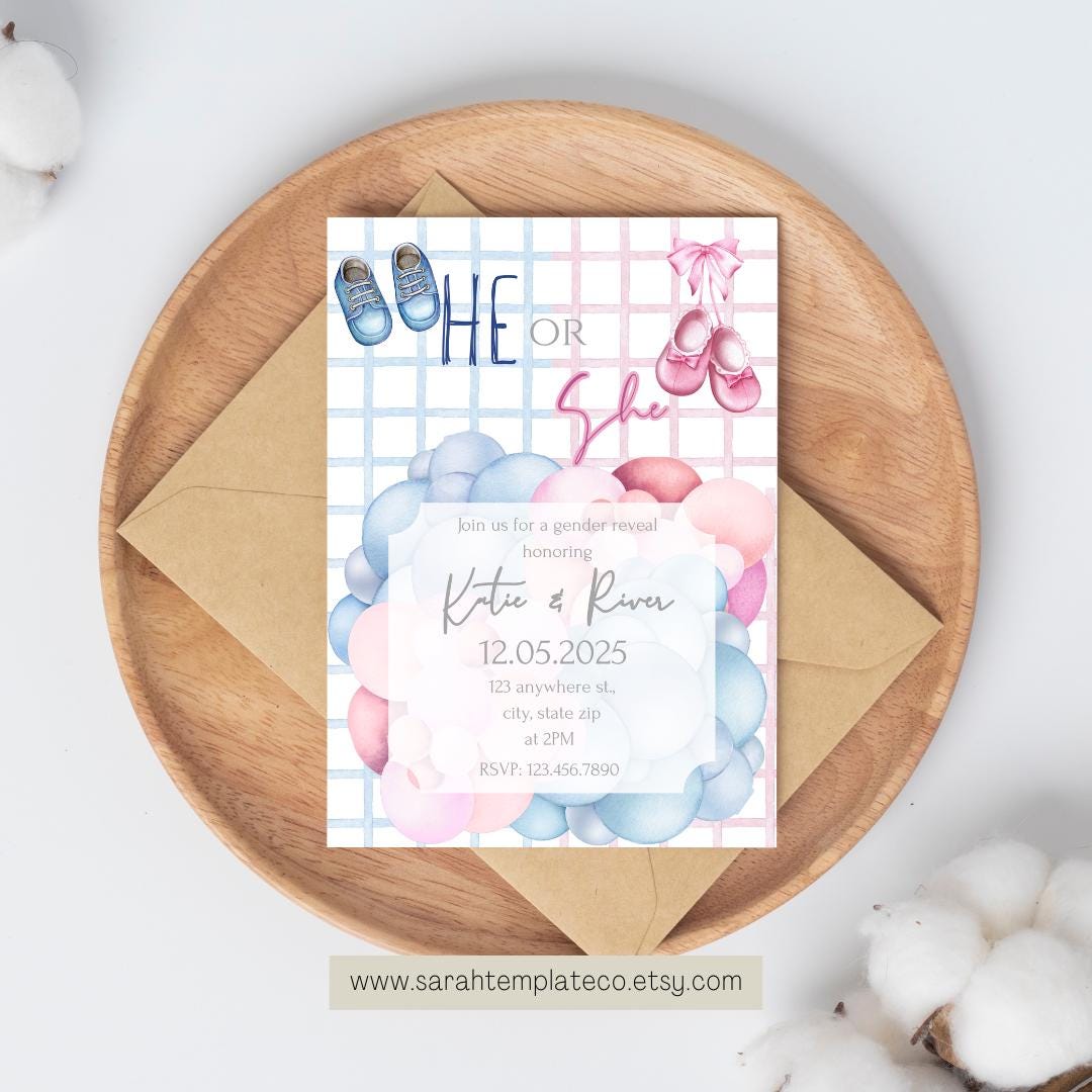 He or She Gender Reveal Invitation | Editable Canva Template | Blue and ...