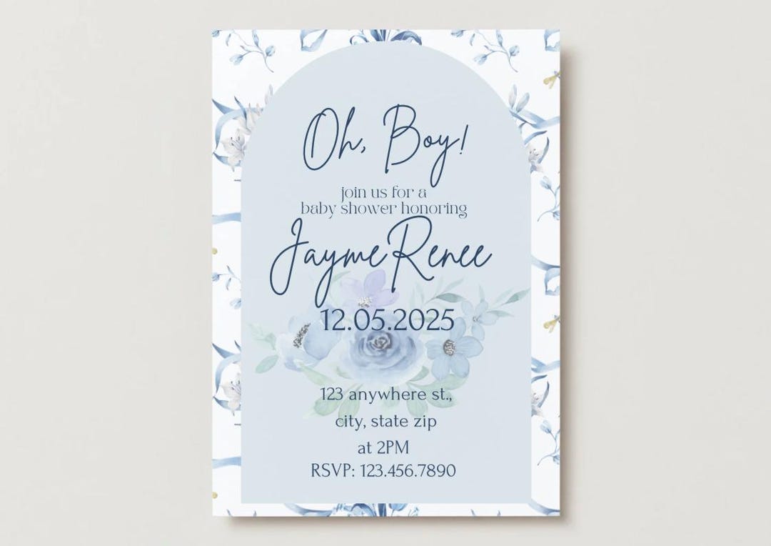 25 Baby-Shower Einladungskarten ‚OH BOY!‘ – Blumen-Design, Blau, 12,7x17,8cm, Matt, Zum Selbstbeschriften