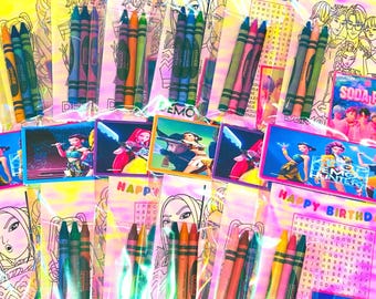 May include: A collection of party favors, each containing crayons, coloring pages, and character cards. The favors are packaged in clear cellophane bags with colorful holographic accents. Some bags have "HAPPY BIRTHDAY" printed on them.