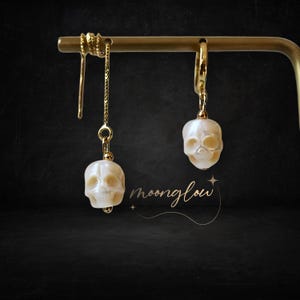 Natural Handcarved Pearl Skull Earrings | Pearl Skull Huggie Skull Drop Earrings | Gothic Aesthetic Jewelry Skull Dangle 925 Sterling Silver