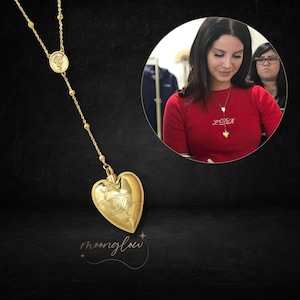 LDR Inspired Gold Spoon Necklace | Lana Rosary Heart Locket Necklace | Cremation Necklace | Heart Puffy Necklace Lariat Y Necklace