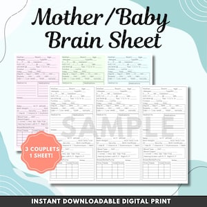 Mother Baby Postpartum OB Couplet Care 3 Couplet Nurse Report Sheet Brain - Digital Download PDF Customizable