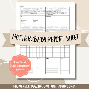 Peut inclure: Une feuille de rapport mère/bébé imprimable avec un design noir et blanc. La feuille comporte des sections pour enregistrer des informations sur la mère et le bébé, notamment le numéro de chambre, l'âge, les allergies, les médicaments et les signes vitaux. La feuille comprend également une section pour les notes.