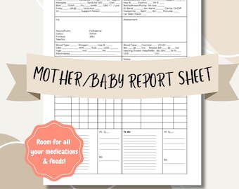 Mother/Baby/Postpartum/OB Nurse Single Couplet Care Nurse Report Sheet/Brain