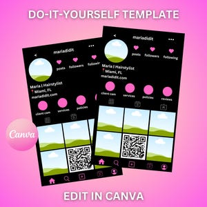 Pode incluir: Um modelo do Instagram em preto e branco com o texto "mariadidit" e "DO-IT-YOURSELF TEMPLATE" no topo. O modelo inclui seções para postagens, seguidores, seguindo, câmera do cliente, serviços, políticas e avaliações. O modelo também inclui um código QR e um ícone de lupa.