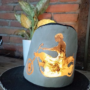 Handmade concrete lantern with biker motif - unique piece