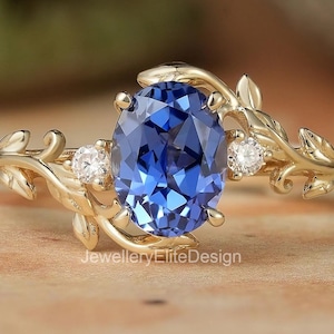 Cornflower Blue Sapphire Engagement Ring: Leaf Motif, Moissanite, Solid Gold