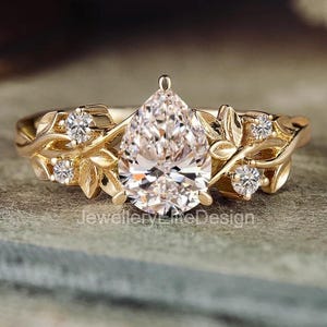Jade Plant Inspired Pear Cut Lab Diamond Engagement Ring