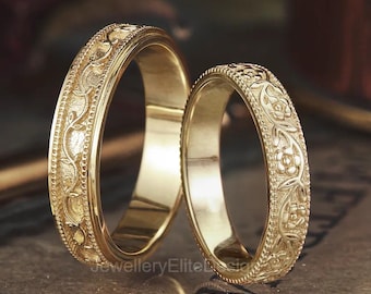 ヴィンテージ 手彫り 結婚指輪 セット - 14K イエローゴールド リーフ