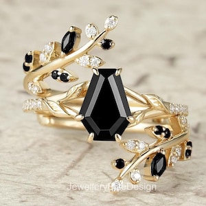 Black Onyx Coffin Cut Wedding Ring Set: Gothic Vine Bridal Jewelry