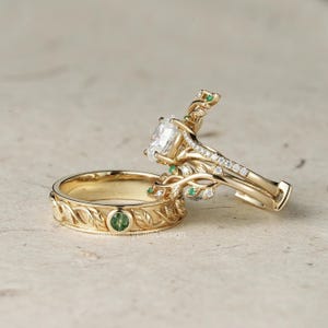 Moissanite Emerald Gold Wedding Ring Set: Cross Vine Anniversary Band