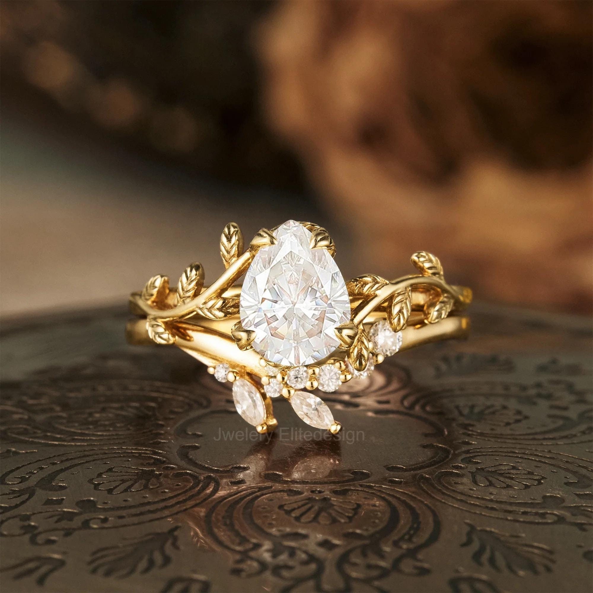 Pear Moissanite Engagement Ring Set: Vintage Leaf Sterling Silver Bridal Jewelry