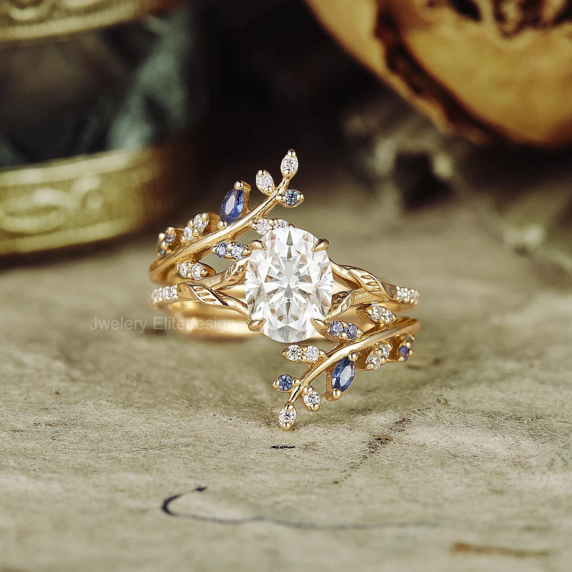 Oval Moissanite Leaf Engagement Ring Set: Vintage Art Deco, Sapphire Accents