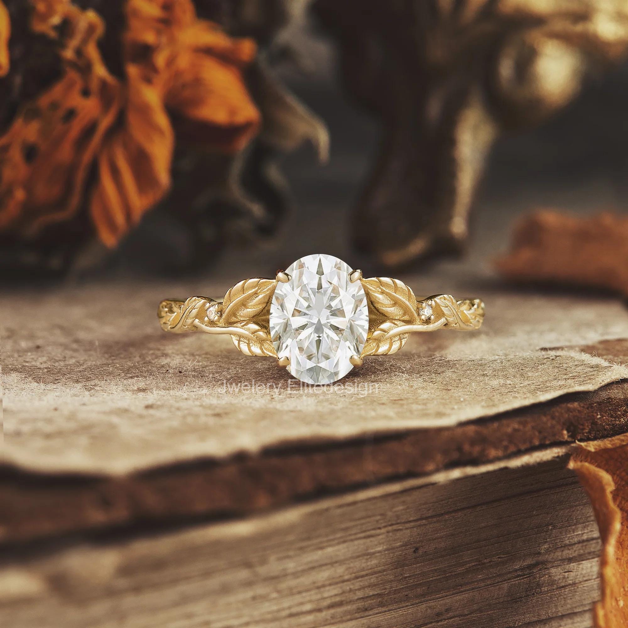 1.27CT Oval Cut Moissanite Leaf Ring, Art Deco Oval