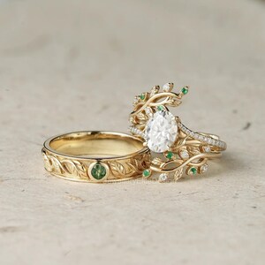 Moissanite Emerald Gold Wedding Ring Set: Cross Vine Anniversary Band