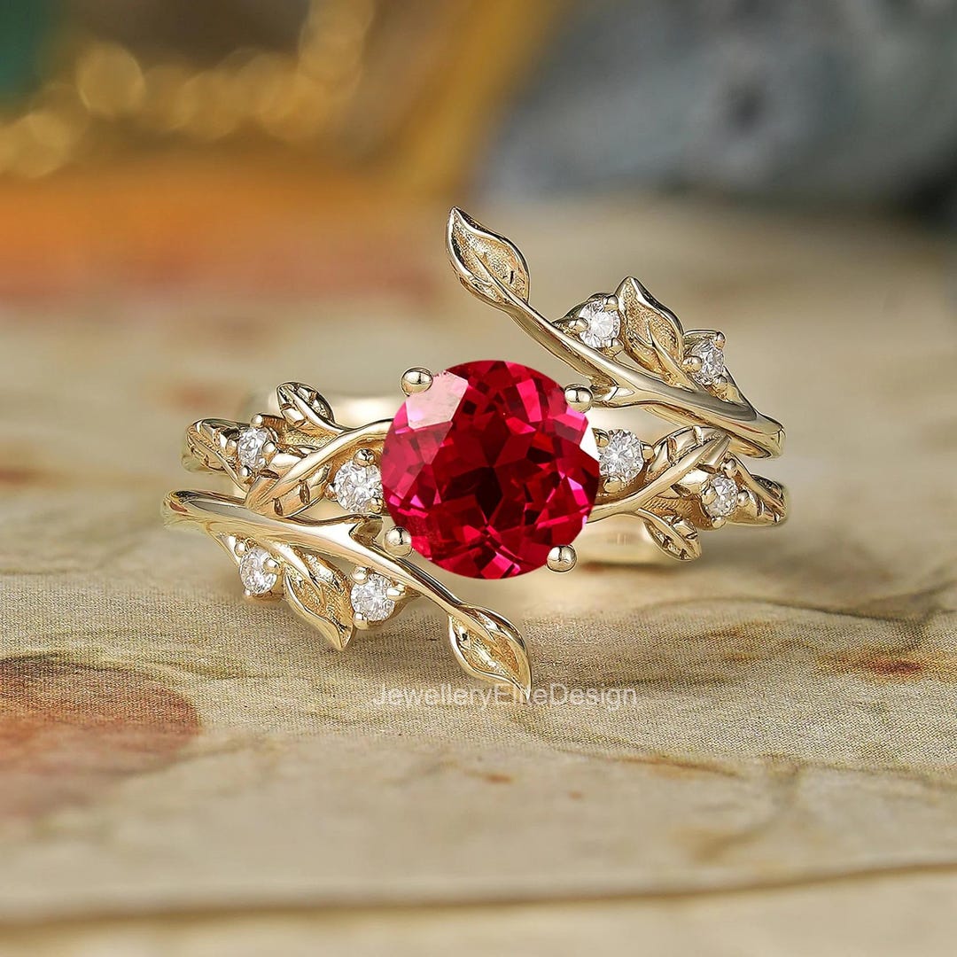 Ruby Moissanite Ring Set: 14K Gold Leaf Enhancer Bridal Set - Etsy