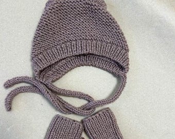 Hand-Knitted Baby Bonnet and Booties Set - Wool Blend - 0-3 Months