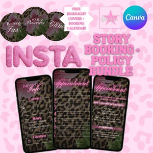 May include: A pink and brown Instagram story booking policy bundle with three smartphones displaying appointment information. Includes highlight covers and booking calendar. The word "INSTA" is in pink, fluffy letters.