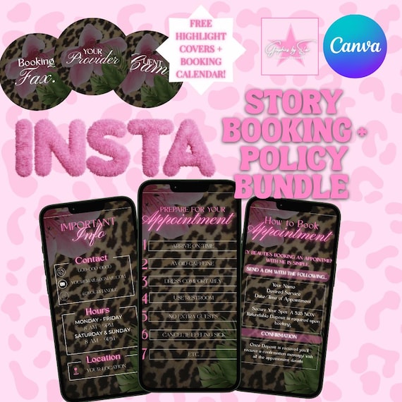 Cheetah Print Instagram Story Booking Policy Template, Pink Leopard Canva Editable