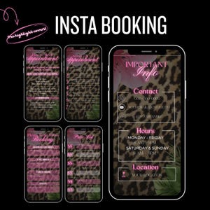 May include: A digital marketing graphic with the text "INSTA BOOKING" and several mock-up phone screens. The screens display information about booking appointments, contact details, hours, and location, all against a leopard print background.